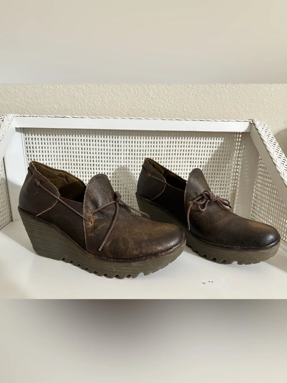 Women’s Fly London Brown Distressed Leather Wedge Slip-On Shoes